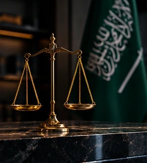 ميزان نحاسي على مكتب رخامي بجوار العلم السعودي