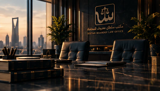 مشهد مكتبي تحريري بطاولة اجتماعات ومقاعد جلدية